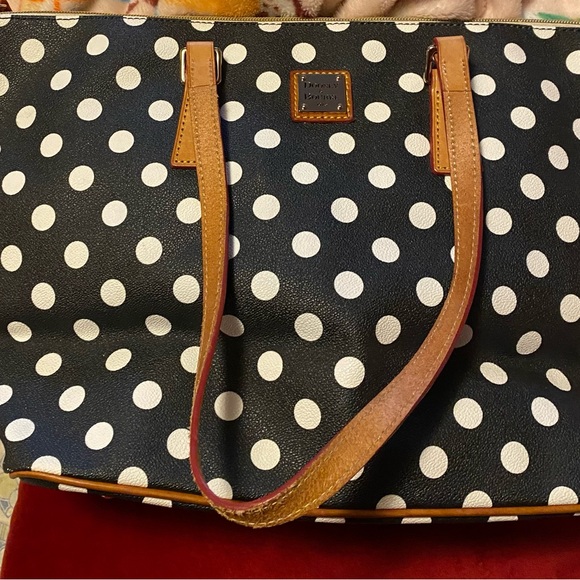 Dooney & Bourke Handbags - Dooney & Bourke Black and White Polka Dot Tote with Tan Straps